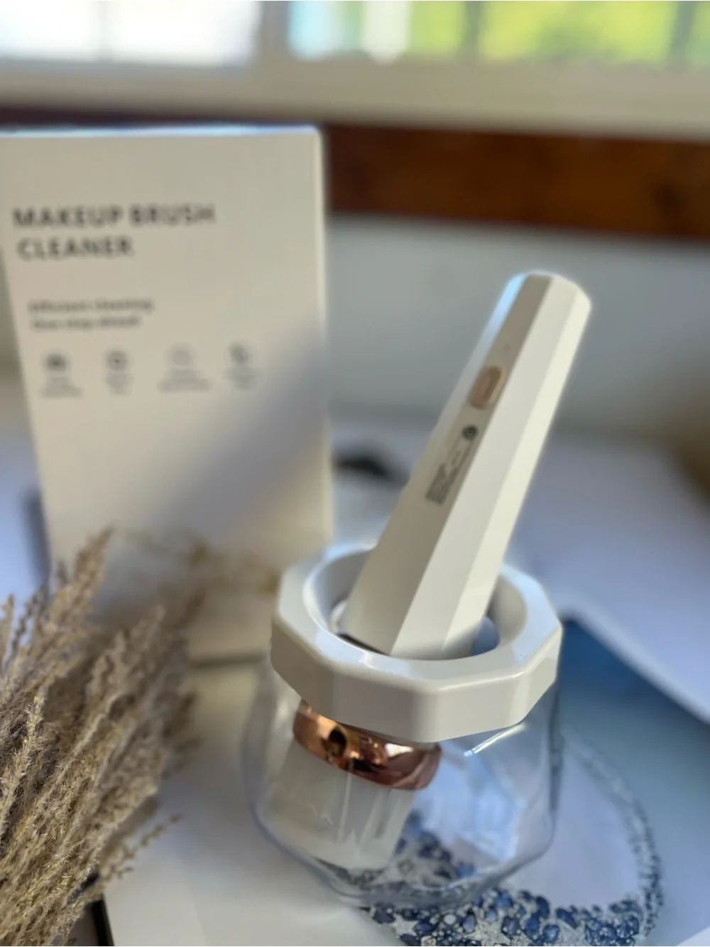 Electric Makeup Brush Cleaner in White with Rose Gold Accent
